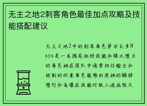 无主之地2刺客角色最佳加点攻略及技能搭配建议