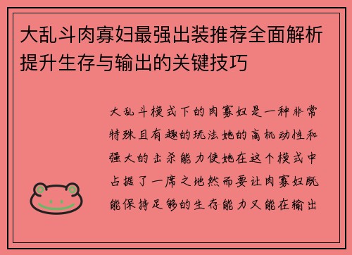 大乱斗肉寡妇最强出装推荐全面解析提升生存与输出的关键技巧