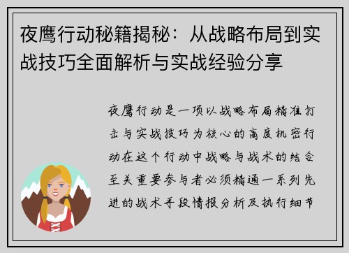 夜鹰行动秘籍揭秘：从战略布局到实战技巧全面解析与实战经验分享