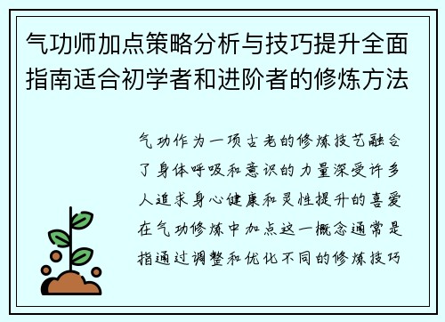 气功师加点策略分析与技巧提升全面指南适合初学者和进阶者的修炼方法