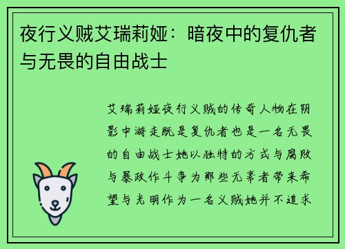 夜行义贼艾瑞莉娅：暗夜中的复仇者与无畏的自由战士