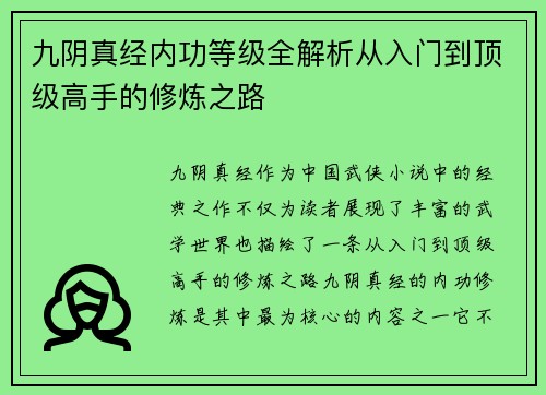 九阴真经内功等级全解析从入门到顶级高手的修炼之路